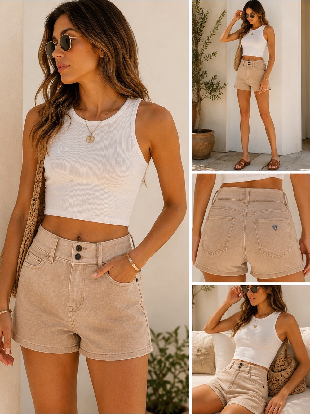 GUESS Beige High Rise Double Button Denim Shorts Women’s Size 4 EU 36